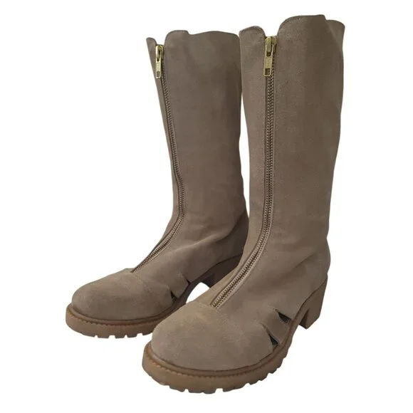 Mihaela Glavan Beige Mid-Calf Suede Boots With Block Heel Size 39 EU - Picture 1 of 9